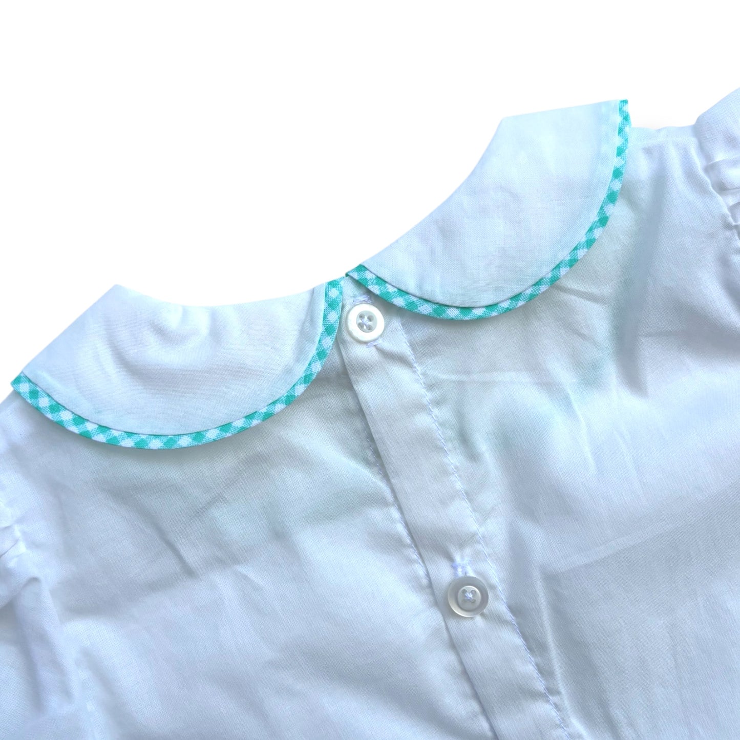Camicia bianca con colletto alla bebè estiva con profilo a quadretti menta