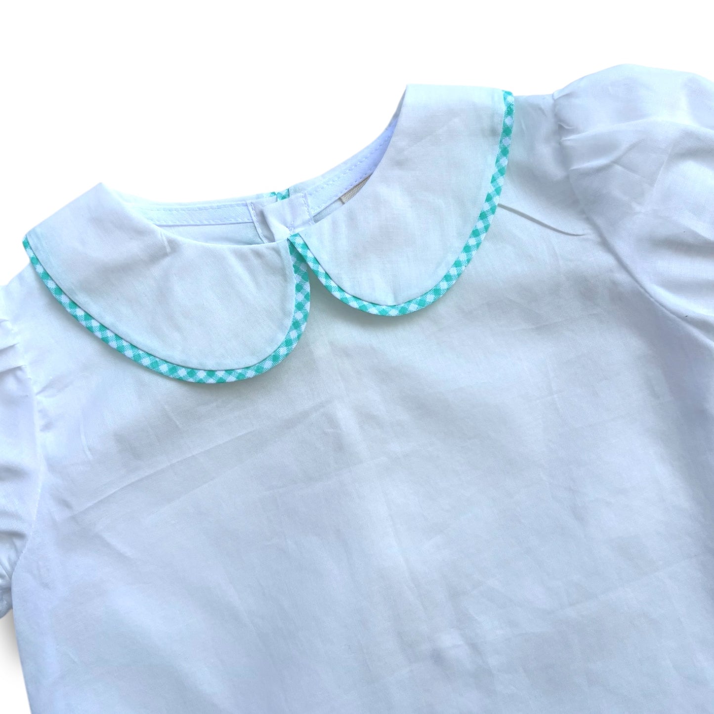 Camicia bianca con colletto alla bebè estiva con profilo a quadretti menta