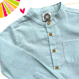 Camicia coreana in Lino a righe verde menta