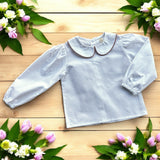 Camicia bianca con colletto alla bebè con profilo malva
